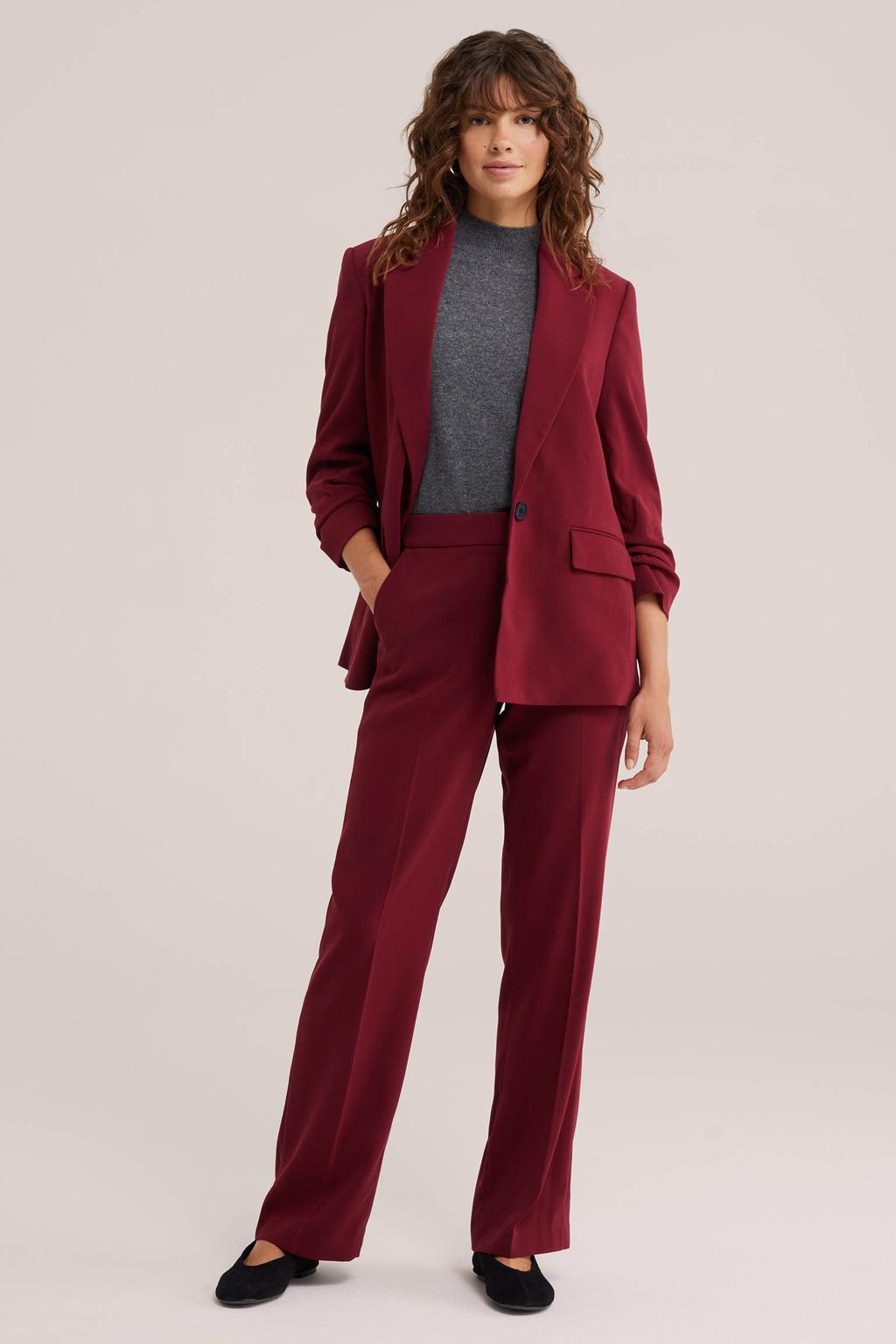 Donkerrode dames WE Fashion regular fit blazer van polyester met effen, driekwart mouwen en reverskraag