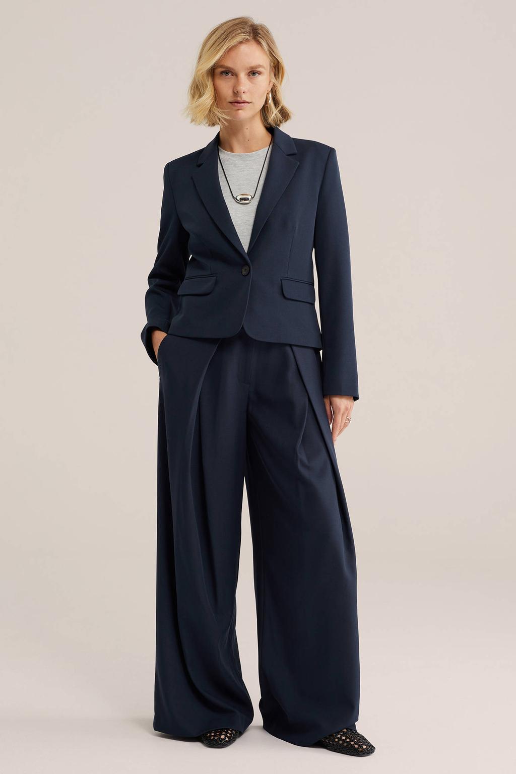 Donkerblauwe dames WE Fashion wide leg broek met rits, haak- en knoopsluiting en effen