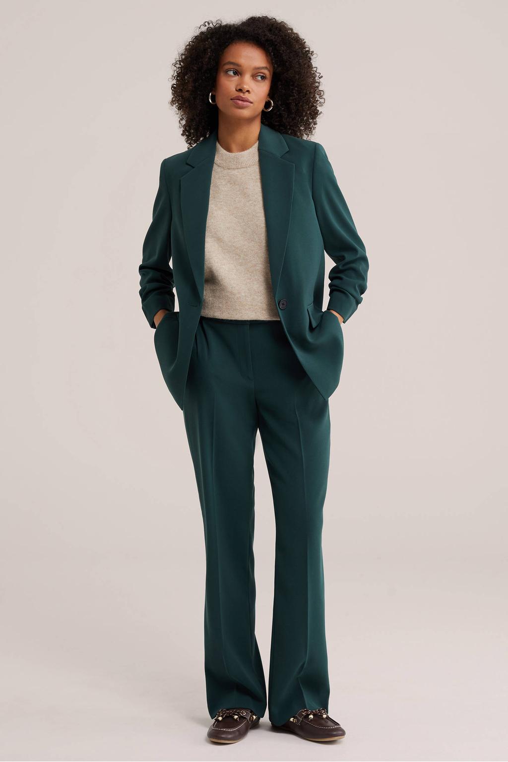 Groene dames WE Fashion flared broek van polyester met regular waist, rits- en haaksluiting en effen