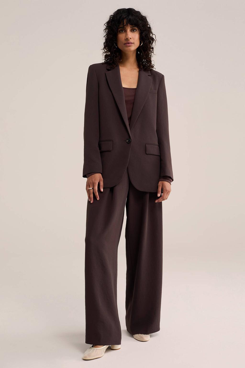 Bruine dames WE STUDIO wide leg broek met rits, haak- en knoopsluiting en effen