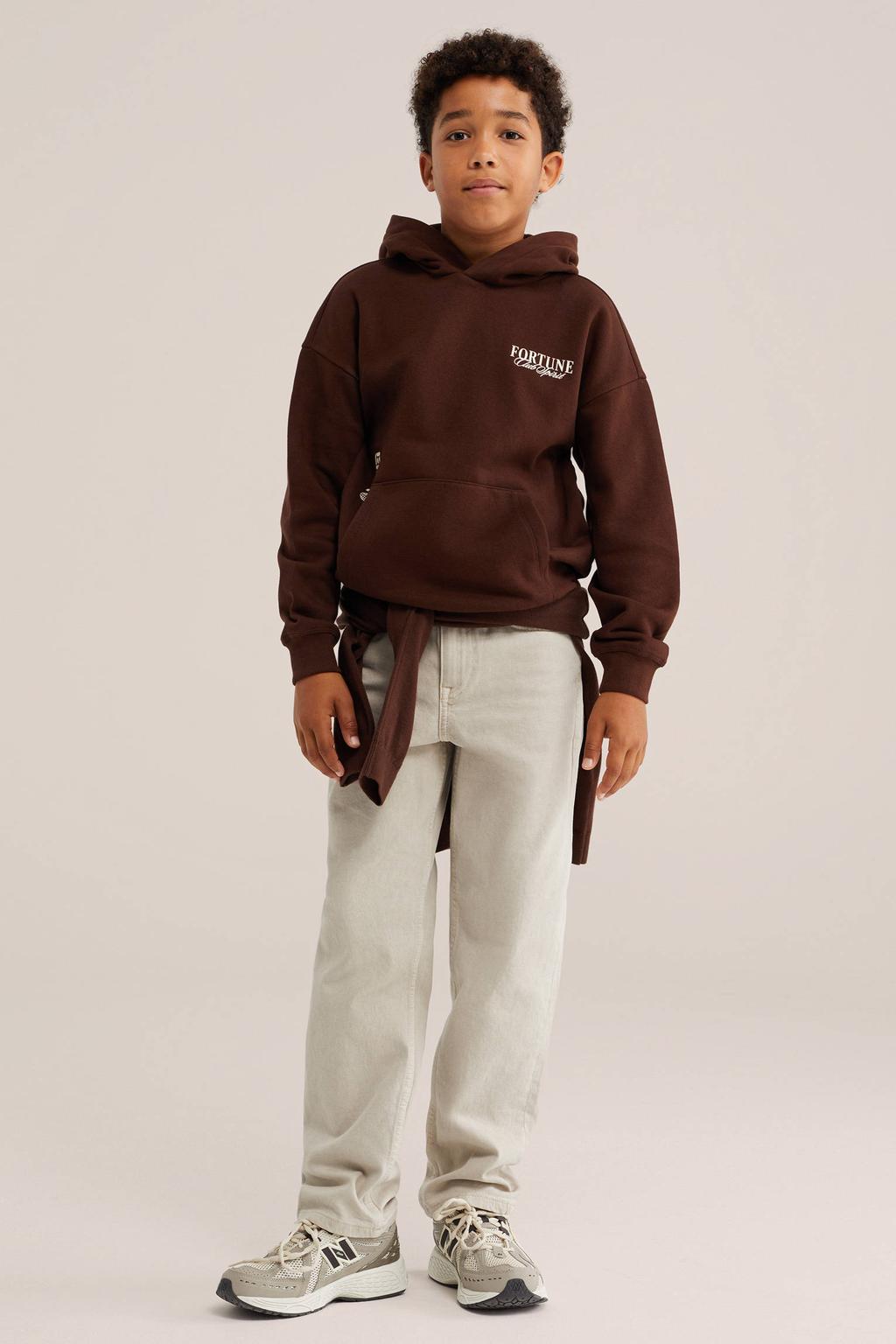 Donkerblauwe jongens WE Fashion hoodie van sweat materiaal met backprint, lange mouwen en capuchon