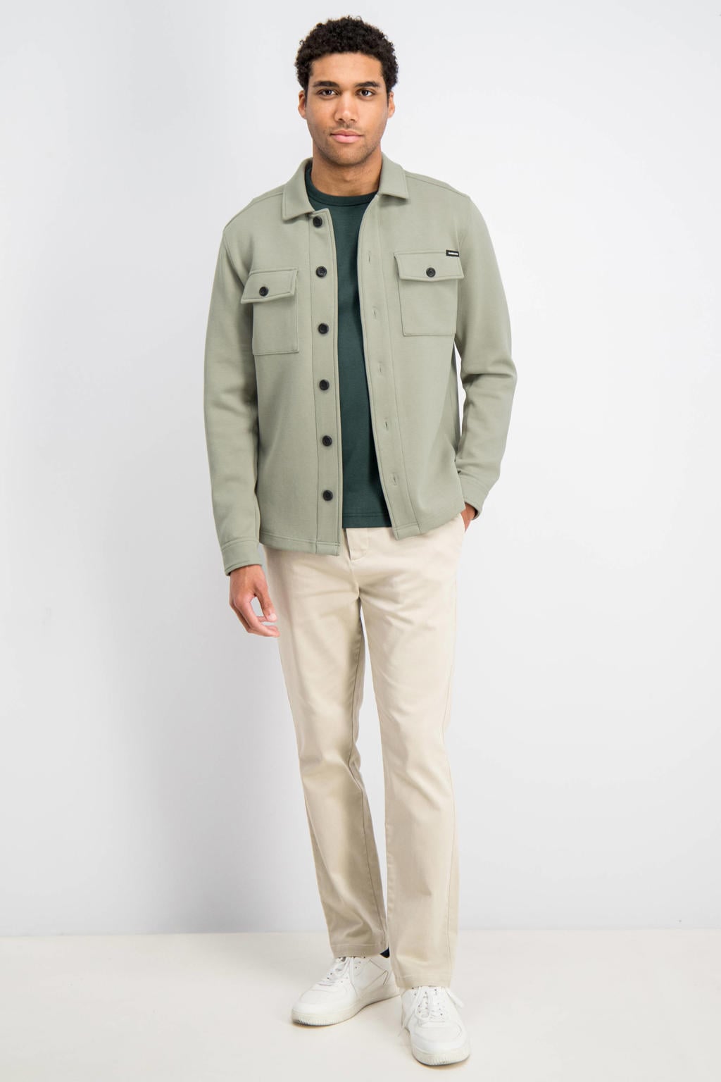 Beige heren GABBIANO regular fit overshirt van katoen met effen, lange mouwen en klassieke kraag