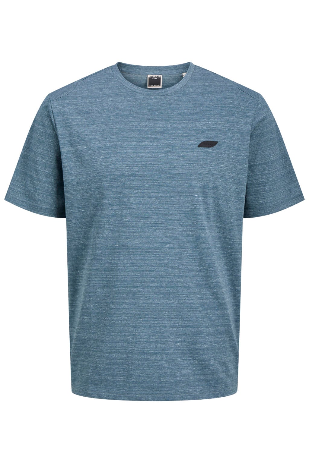 Blauwe heren JACK & JONES CORE regular fit gemêleerd T-shirt van katoen met melée print, korte mouwen en ronde hals