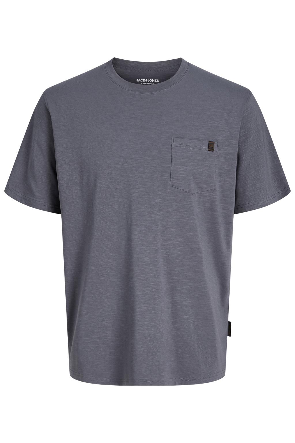 Grijsblauwe heren JACK & JONES ESSENTIALS relaxed fit gemêleerd T-shirt van katoen met melée print, korte mouwen en ronde hals