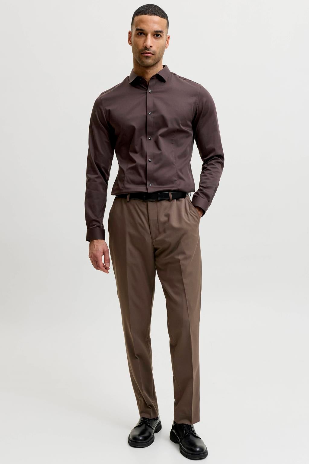 Donkerblauwe heren JACK & JONES PREMIUM super slim fit overhemd van katoen met effen, lange mouwen en klassieke kraag
