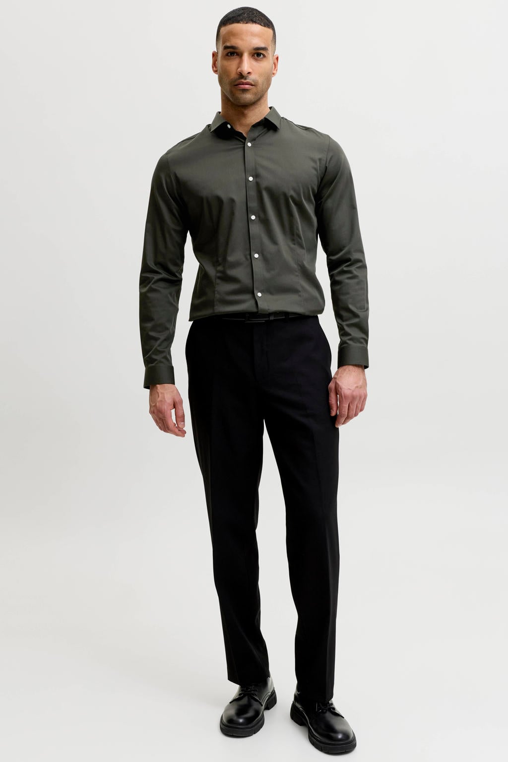 Donkergroene heren JACK & JONES PREMIUM super slim fit overhemd van katoen met effen, lange mouwen en klassieke kraag