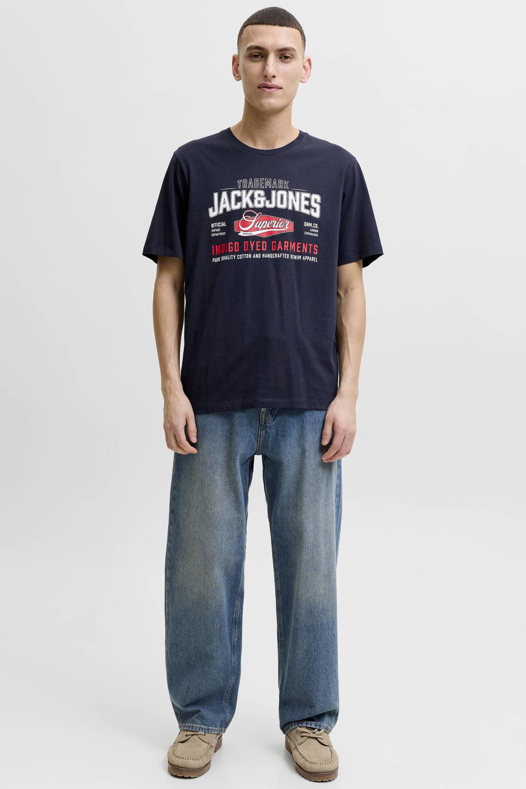 Donkerblauwe heren JACK & JONES ESSENTIALS regular fit T-shirt van katoen met korte mouwen en ronde hals