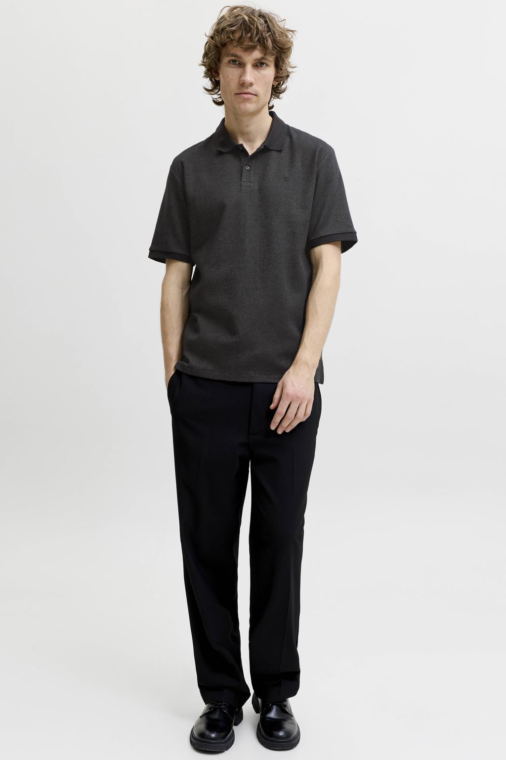 Zwarte heren JACK & JONES ESSENTIALS regular fit gemêleerde polo van katoen met melée print, korte mouwen en textuur