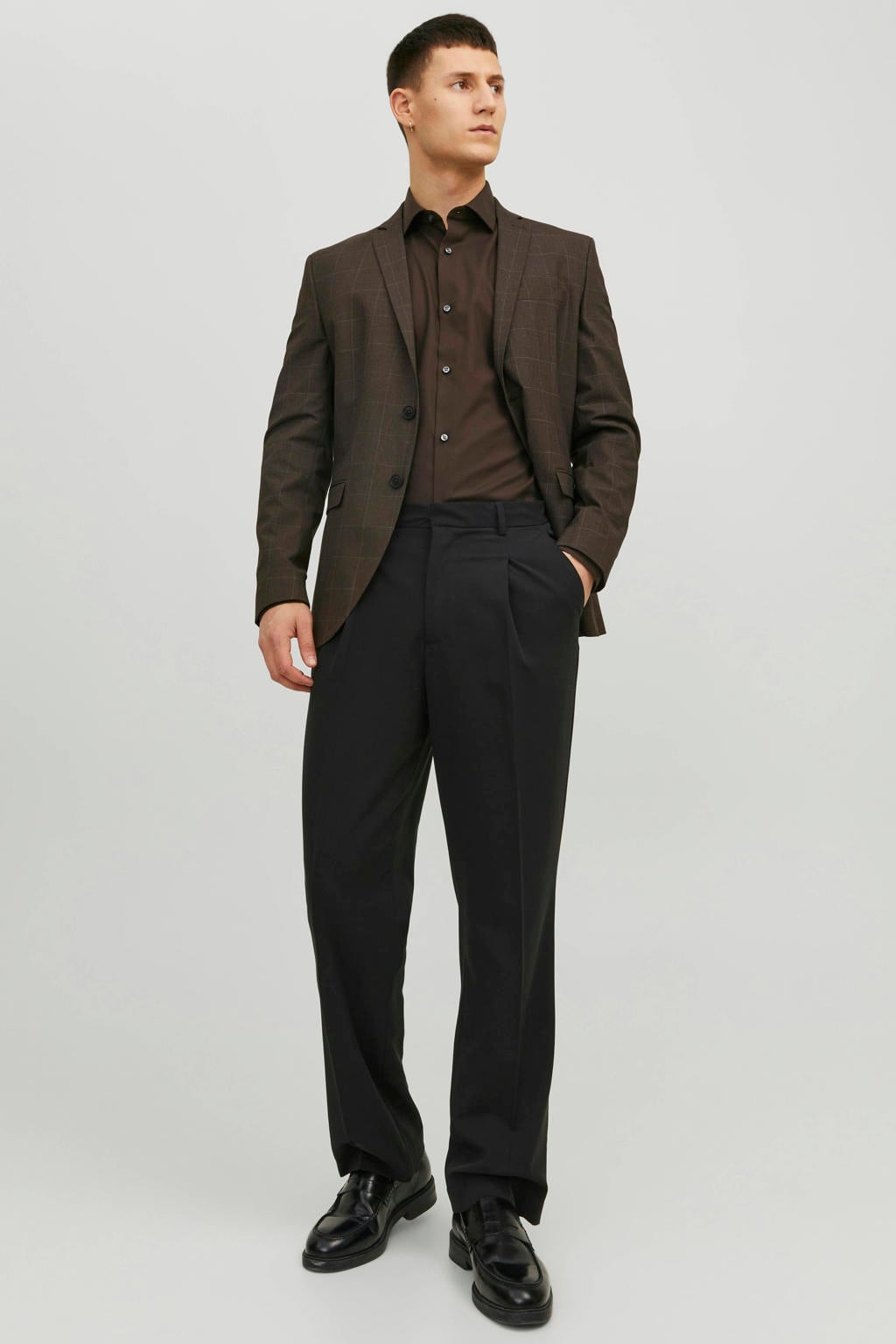 Donkerblauwe heren JACK & JONES PREMIUM slim fit overhemd van katoen met effen, lange mouwen en klassieke kraag