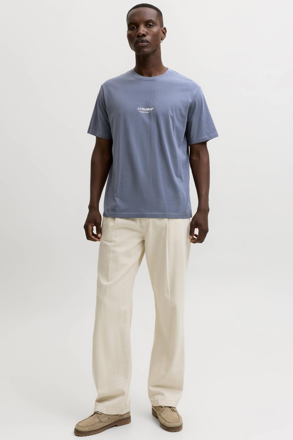 Blauwe heren JACK & JONES ESSENTIALS relaxed fit T-shirt van katoen met korte mouwen en ronde hals