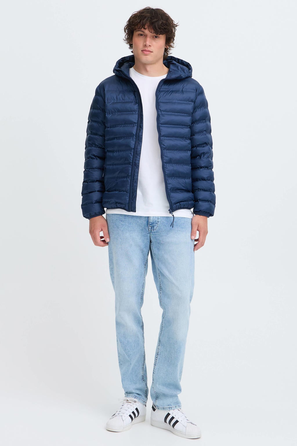 Blauwe heren Blend gewatteerde jas van polyester met effen, lange mouwen, capuchon, ritssluiting en doorgestikte details
