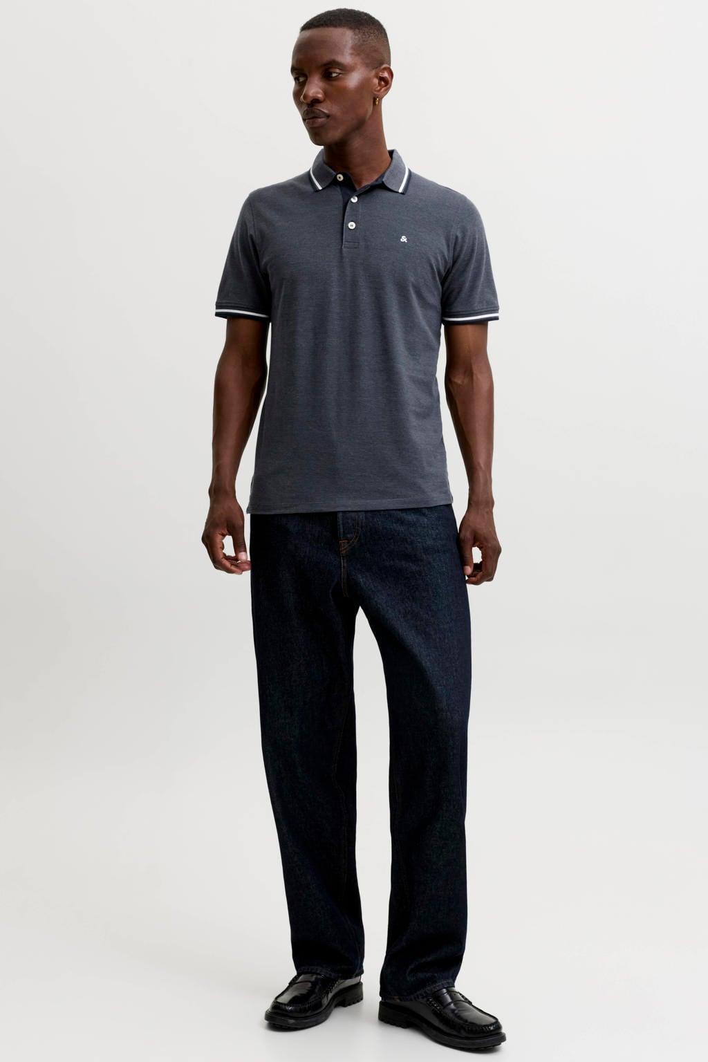 Grijsblauwe heren JACK & JONES ESSENTIALS slim fit gemêleerde polo blauw van katoen met melée print, korte mouwen en contrast bies