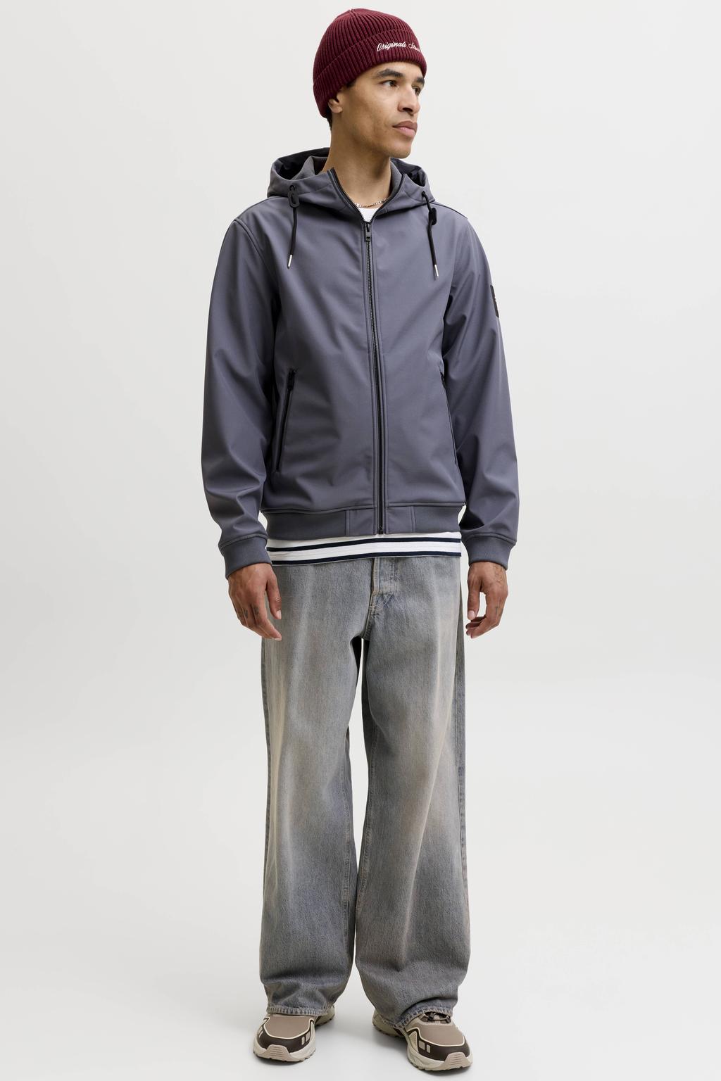 Blauwe heren JACK & JONES ESSENTIALS softshell jas van polyester met effen, lange mouwen, capuchon en ritssluiting