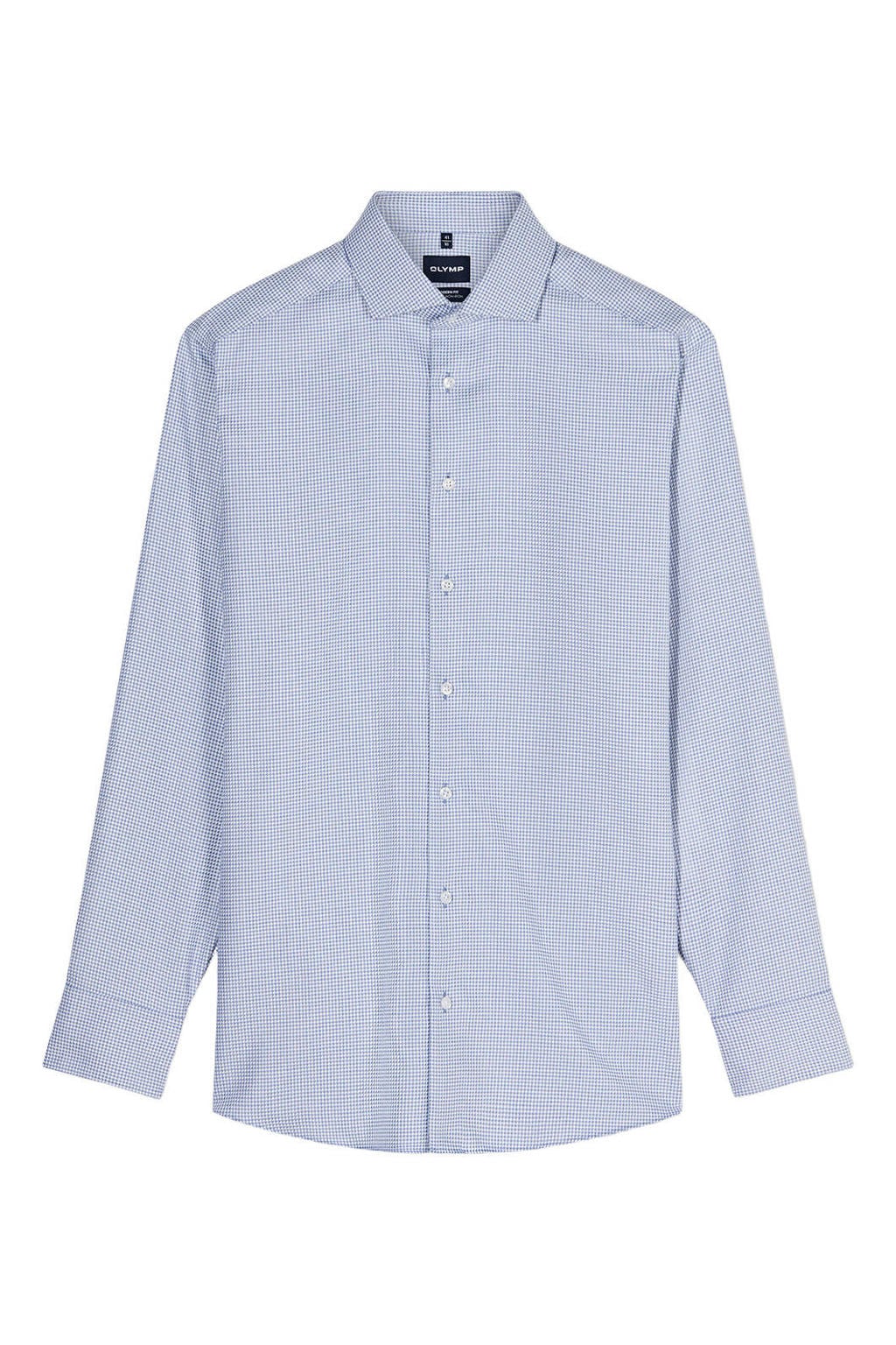 Blauwe heren Olymp slim fit pied-de-poule overhemd van katoen met lange mouwen en klassieke kraag