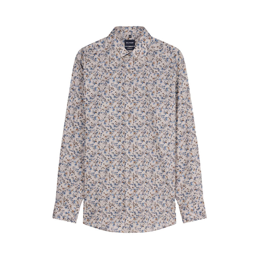 Beige heren Olymp slim fit overhemd van katoen met lange mouwen en klassieke kraag