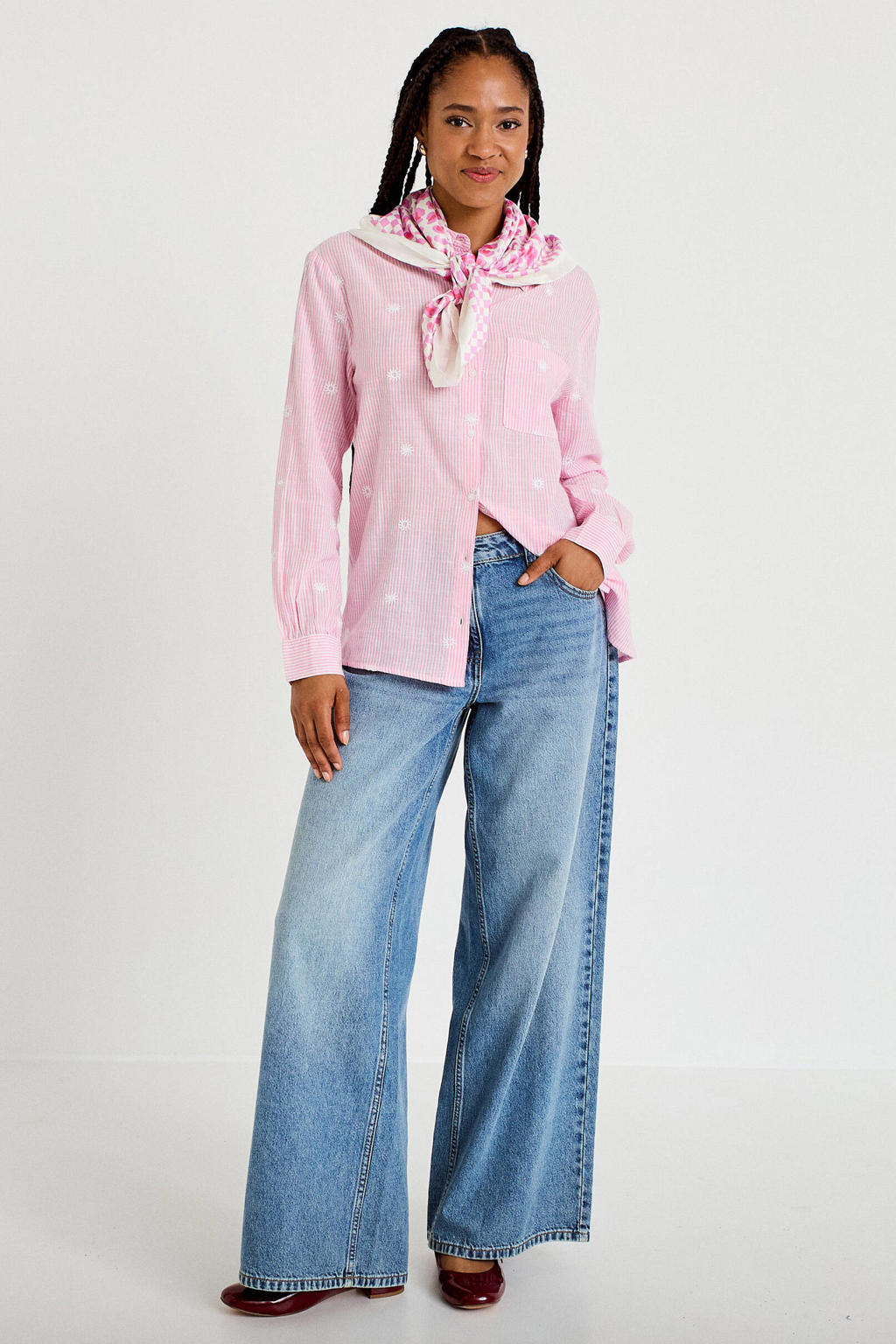 Roze en ecru dames Cache Cache gestreepte blouse van katoen met lange mouwen, polo kraag, knoopsluiting en borduursels