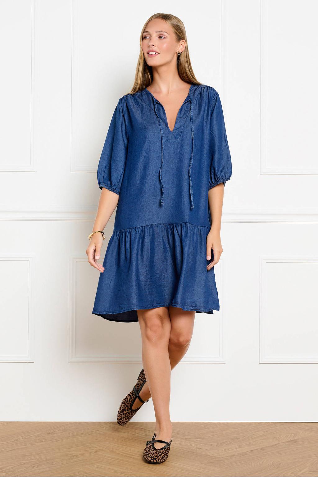 Dark blue denim dames LOLALIZA korte jurk van lyocell met effen, driekwart mouwen, ronde hals, striksluiting en ruches