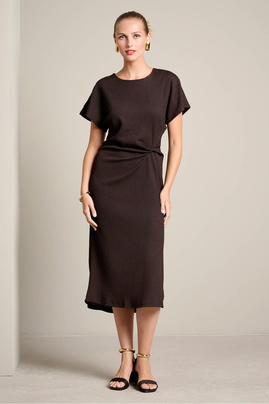 Bruine dames LOLALIZA midi jurk van polyester met effen, korte mouwen, ronde hals en knoopdetail