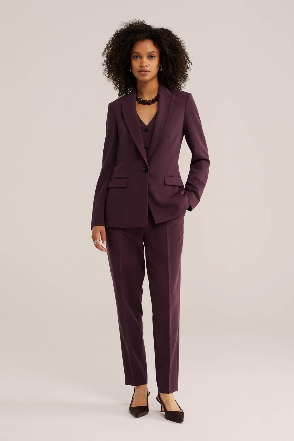 Donkerpaarse dames WE Fashion getailleerde blazer van polyester met effen, lange mouwen, reverskraag, knoopsluiting en geweven detail