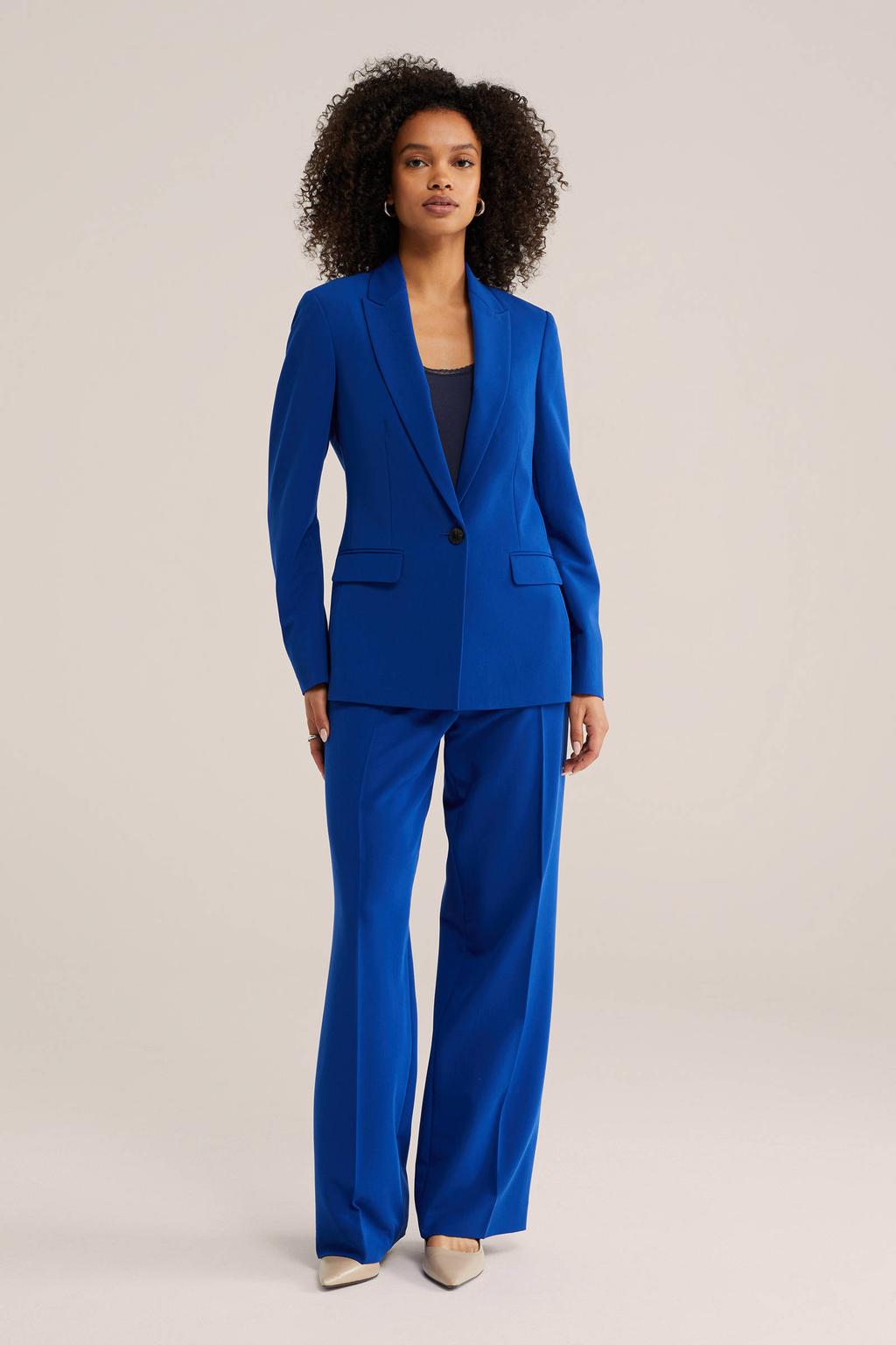 Blauwe dames WE Fashion getailleerde blazer van polyester met effen, lange mouwen, reverskraag, knoopsluiting en geweven detail