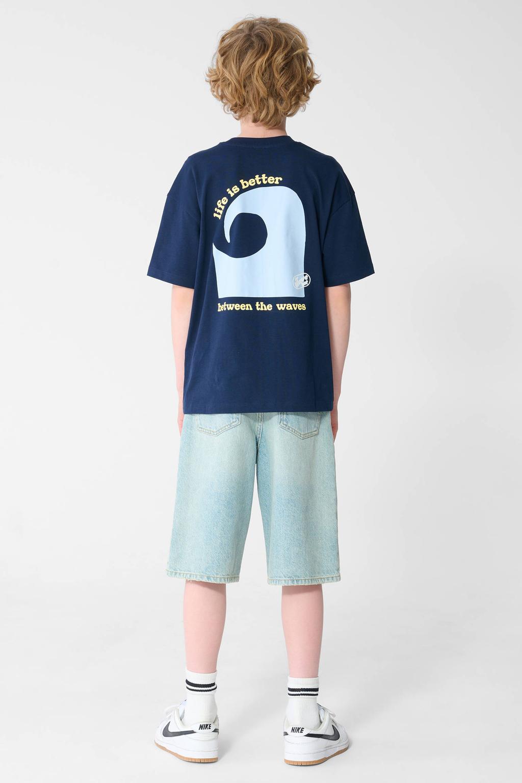 Donkerblauwe jongens Shoeby T-shirt van katoen met backprint, korte mouwen en ronde hals