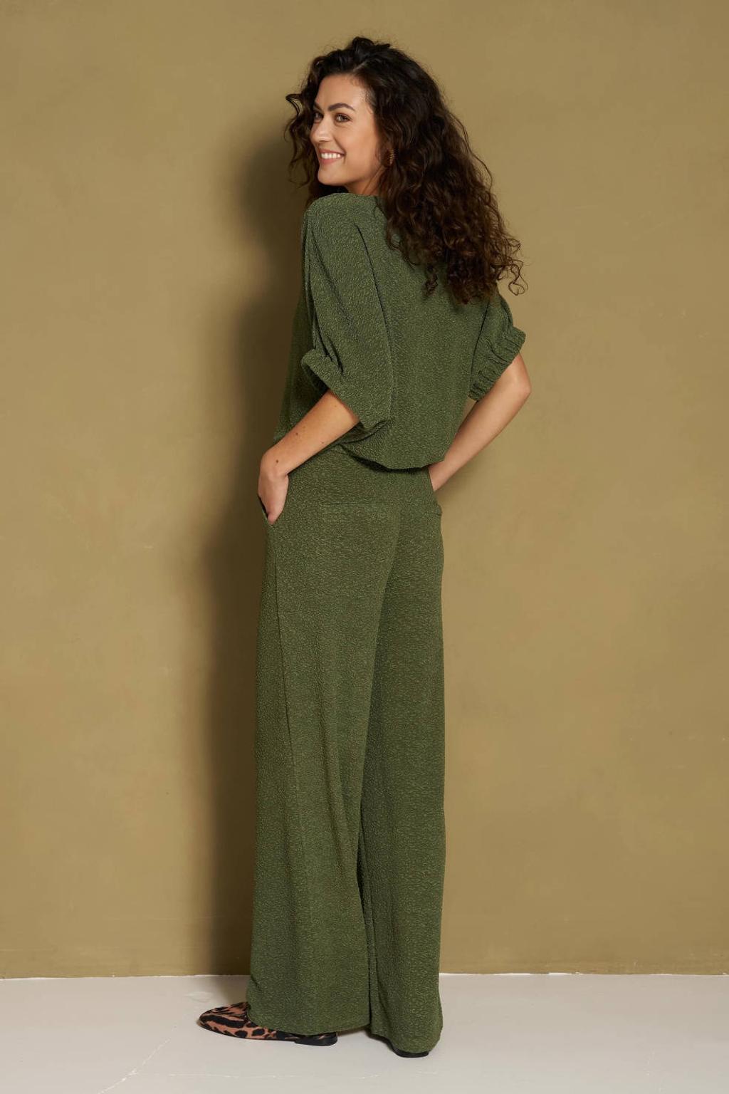 Groene dames Lofty Manner top van polyester met effen, korte mouwen, V-hals en textuur
