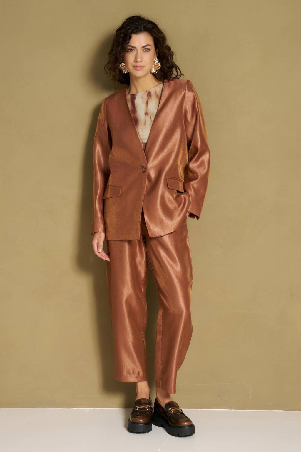 Bruine dames Lofty Manner oversized blazer van viscose met effen, lange mouwen, reverskraag, knoopsluiting en glimmend detail