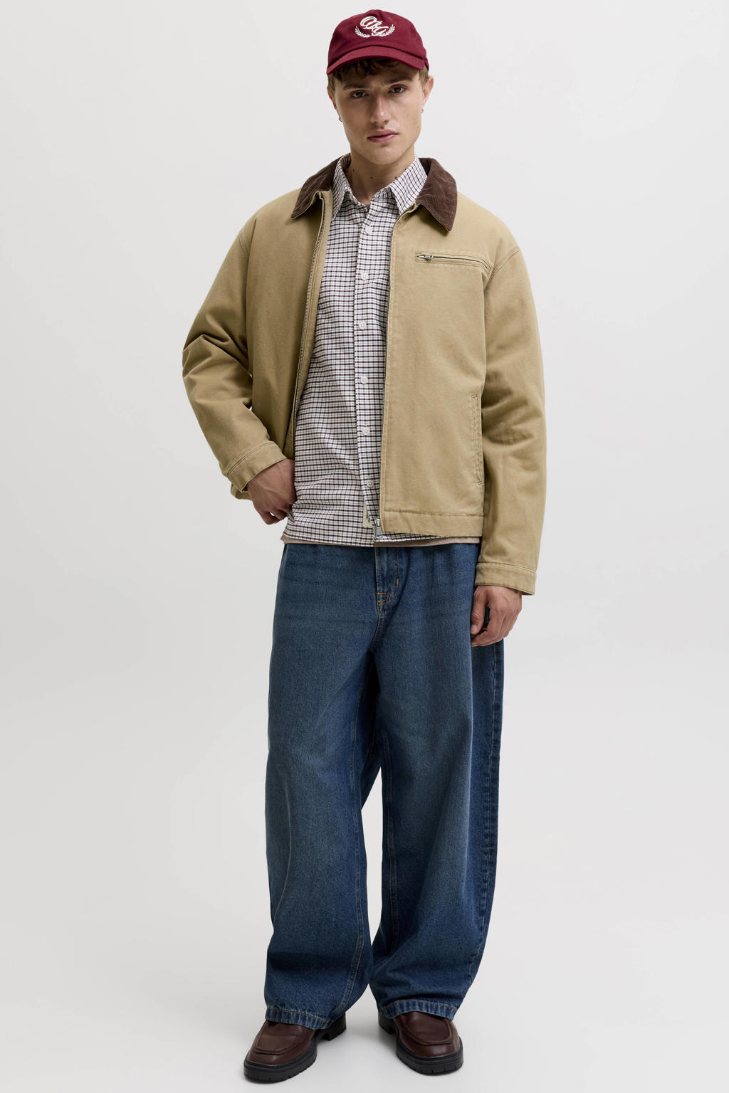 JACK & JONES ORIGINALS relaxed fit geruite oxford overhemd met borduursels - chocolate truffle