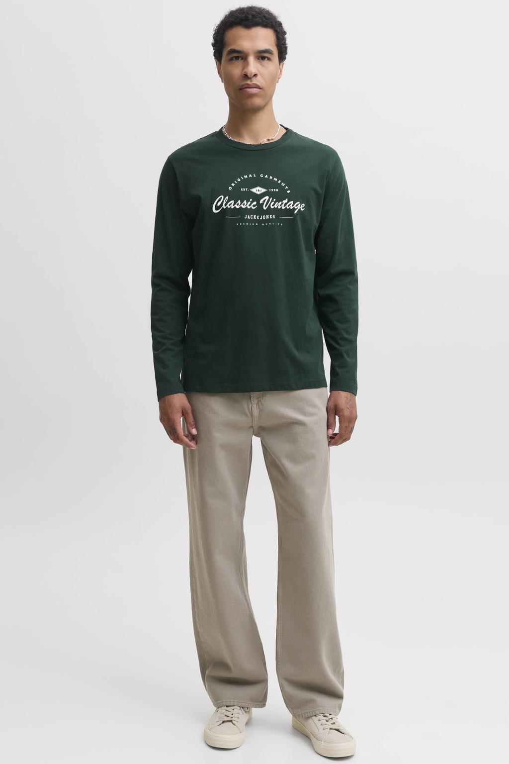 Donkergroene heren JACK & JONES PREMIUM regular fit longsleeve van katoen met lange mouwen en ronde hals