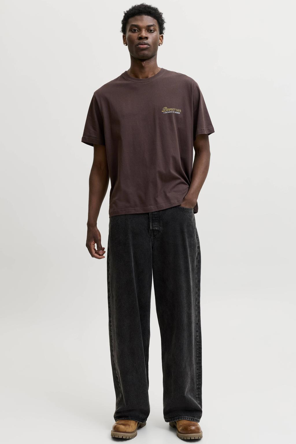 Donkerblauwe heren JACK & JONES ORIGINALS relaxed fit T-shirt van katoen met korte mouwen en ronde hals