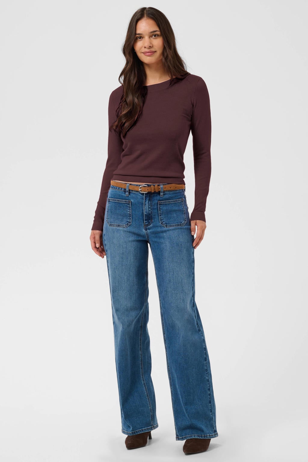 Aubergine dames Kaffe gebreide trui van viscose met effen, lange mouwen en ronde hals