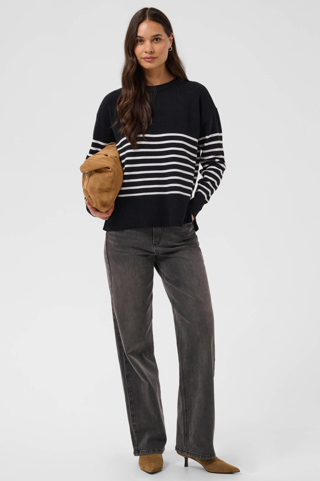 Zwart en witte dames Kaffe gestreepte pullover van viscose met lange mouwen en ronde hals