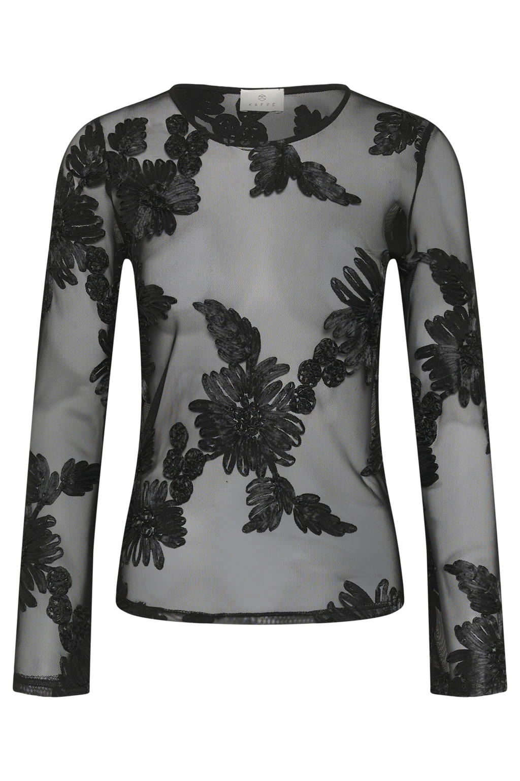Zwarte dames Kaffe gebloemde top van polyester met lange mouwen en ronde hals
