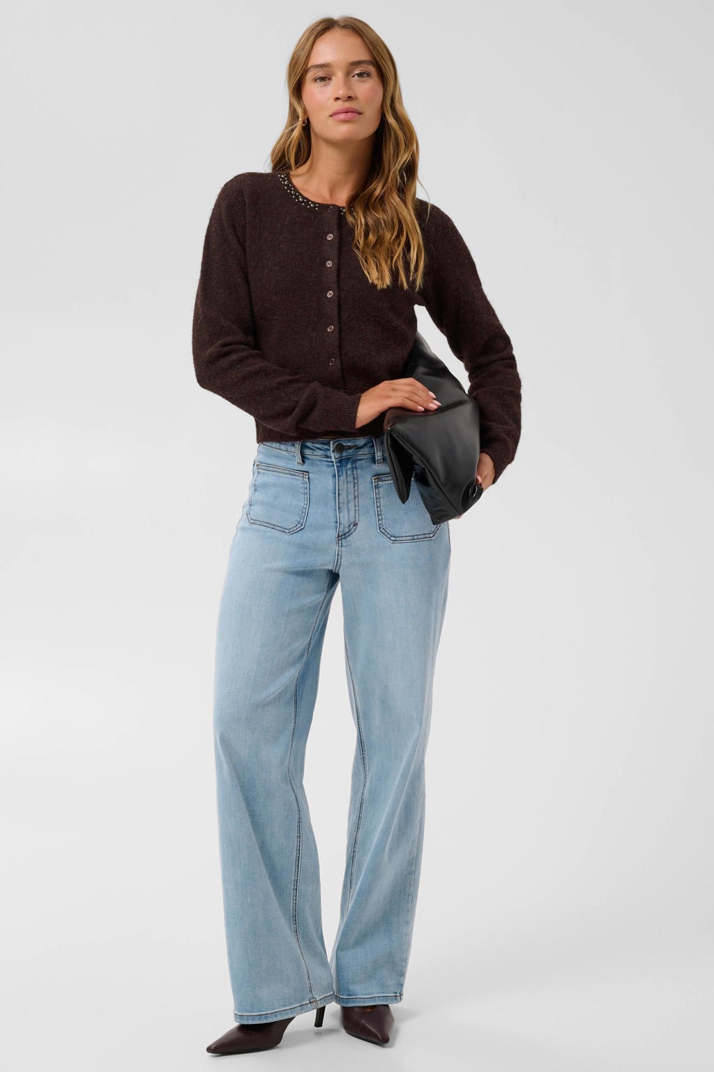 Kaffe gebreid vest met studs en wol - donkerbruin