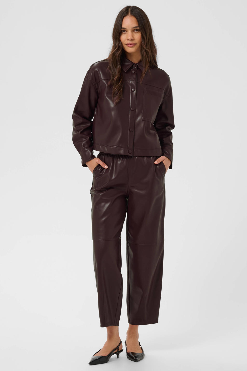Kaffe imitatieleren barrel cropped broek - donkerrood