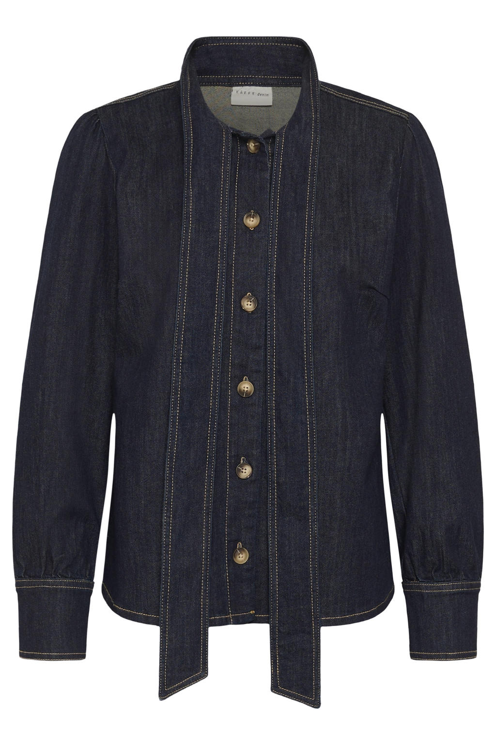 Donkerblauwe dames Kaffe blouse van denim met effen, lange mouwen, sjaalkraag en knoopsluiting