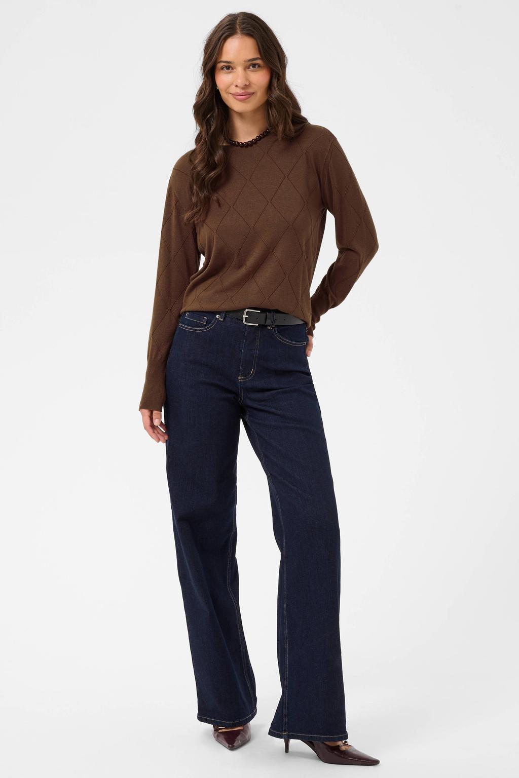 Bruine dames Kaffe trui van viscose met effen, lange mouwen en ronde hals