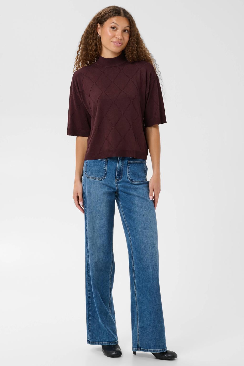 dames Kaffe geruite coltrui van viscose met half lange mouwen