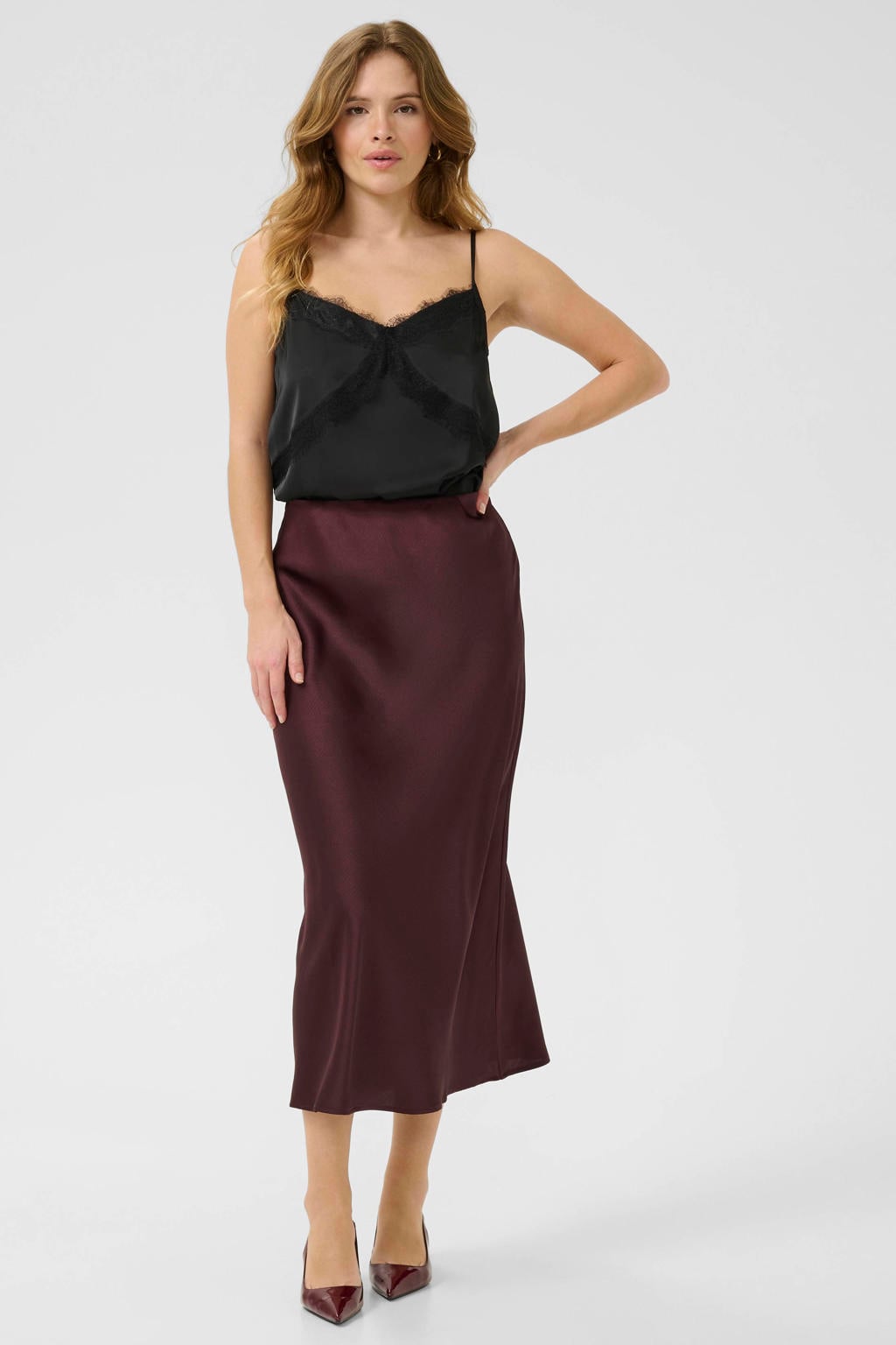 Donkerrode dames Kaffe midi rok gemaakt van polyester en met elastische tailleband