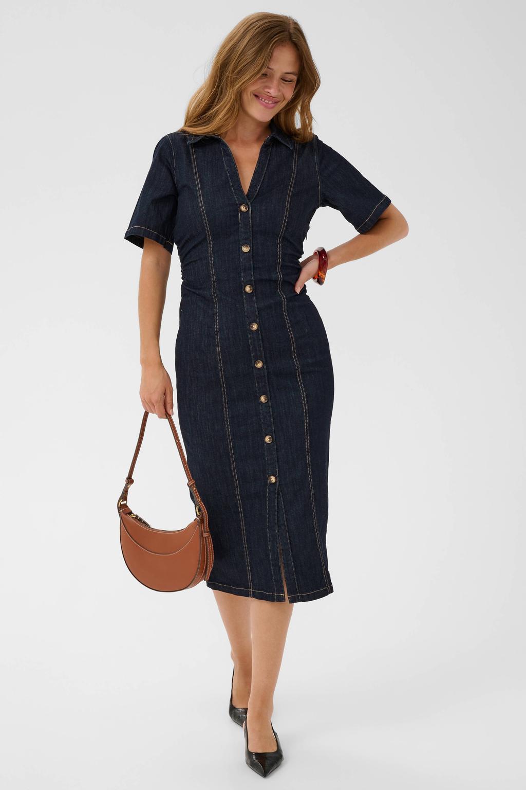 Donkerblauwe dames Kaffe spijkerjurk van denim met effen, korte mouwen, klassieke kraag en knoopsluiting