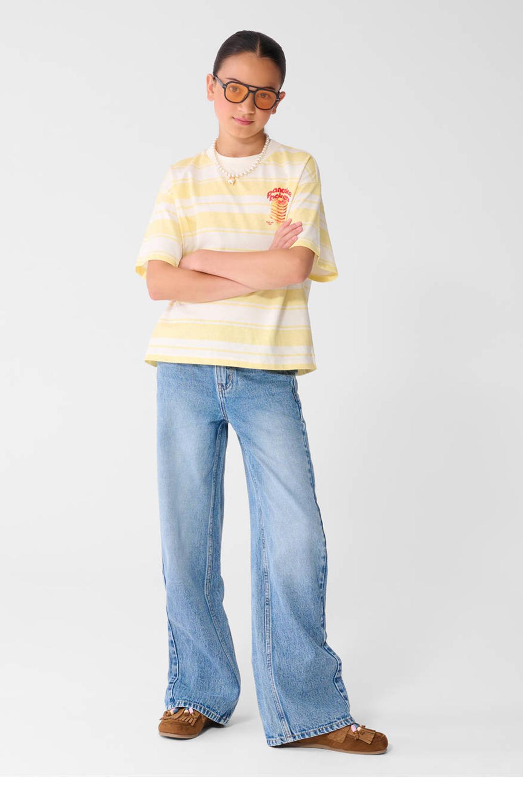 Light blue denim meisjes Shoeby wide leg jeans van denim met high waist, rits- en knoopsluiting en effen