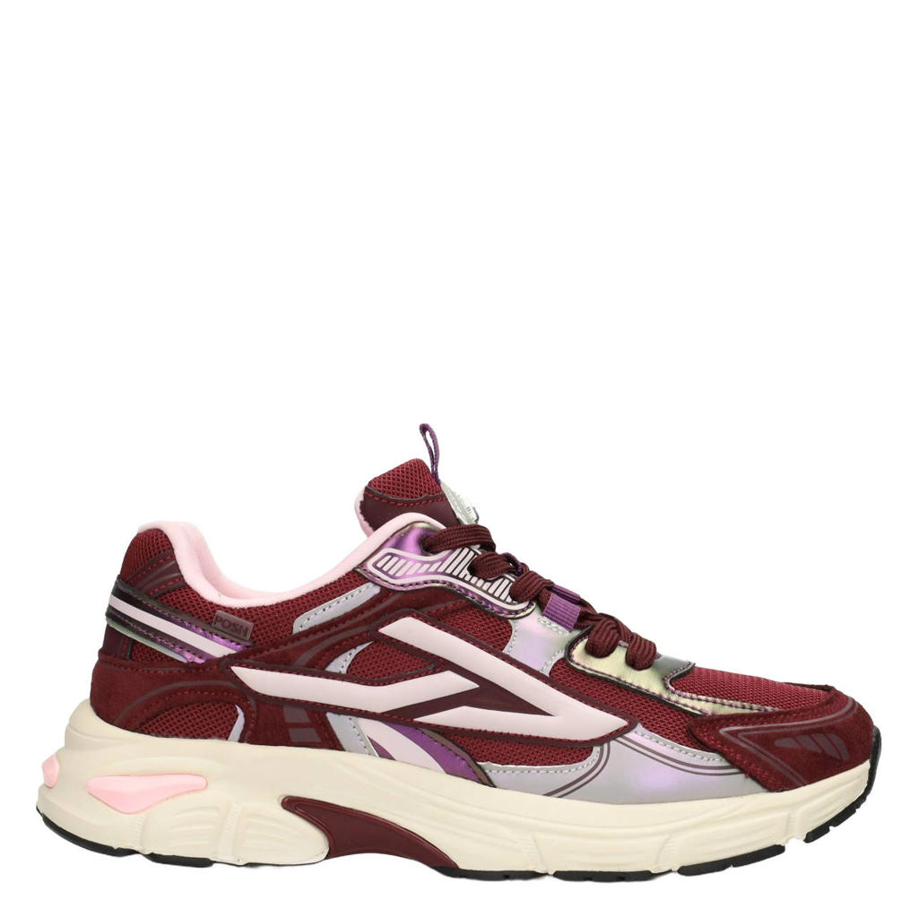 Bordeaux en lichtroze dames POSH by Poelman Ginny sneakers - van imitatieleer en textiel met veters