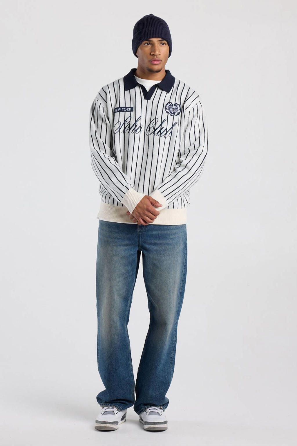 Ecru heren America Today oversized gestreepte gebreide trui van polyester met lange mouwen, polo kraag en borduursels