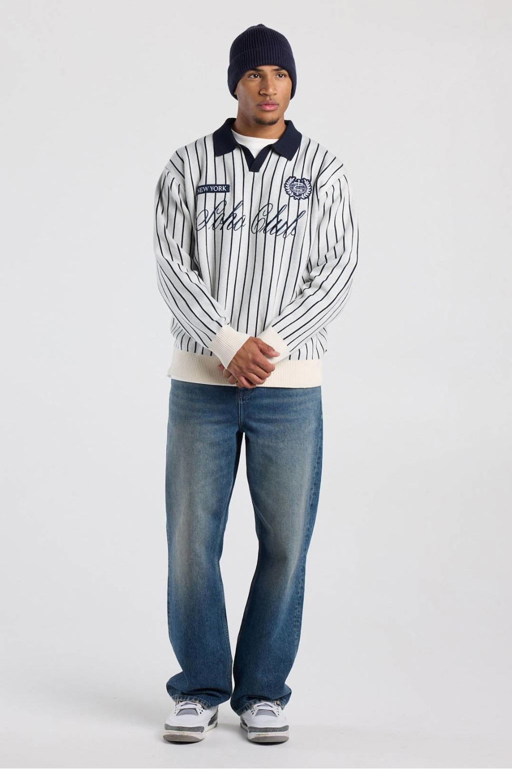 Ecru heren America Today oversized gestreepte gebreide trui van polyester met lange mouwen, polo kraag en borduursels