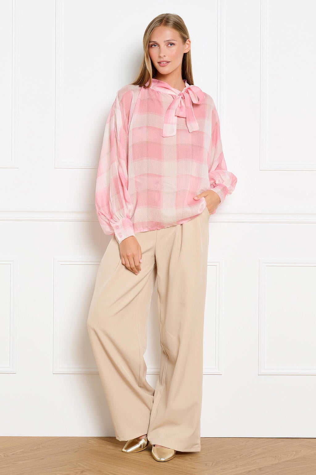 Roze dames LOLALIZA geruite blouse van lyocell met lange mouwen, opstaande kraag en knoopsluiting
