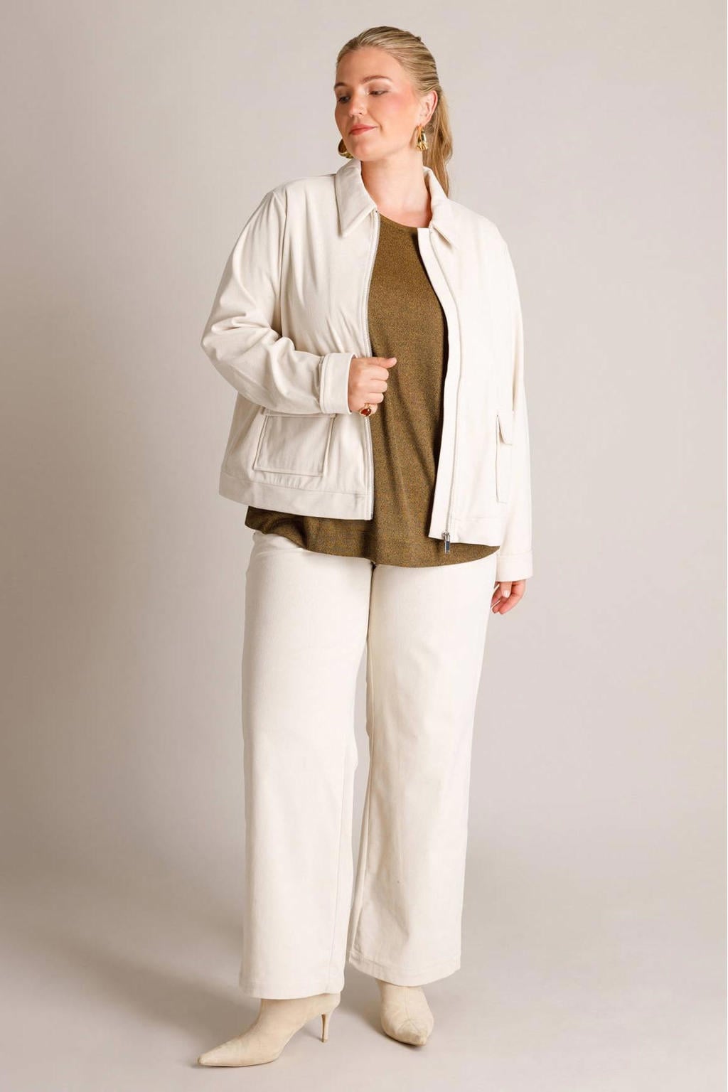 Beige dames Yest Curve wide leg corduroy broek Plus Size met effen
