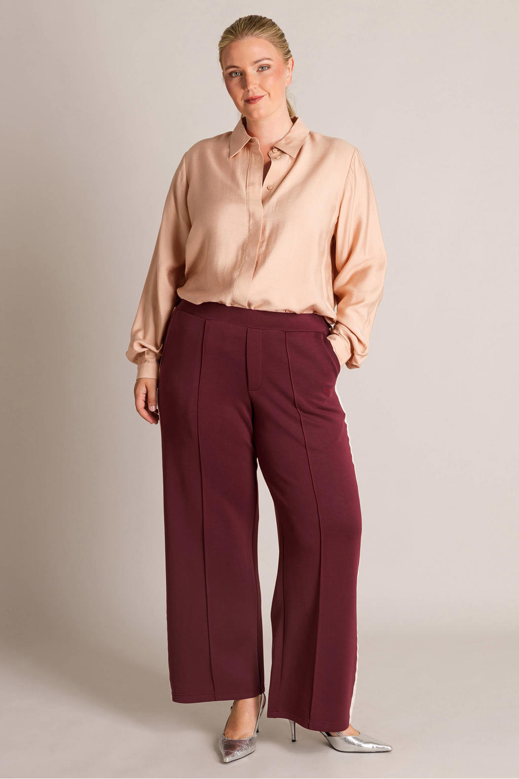 Oudroze dames Yest Curve blouse Plus Size van viscose met effen, lange mouwen, klassieke kraag en knoopsluiting