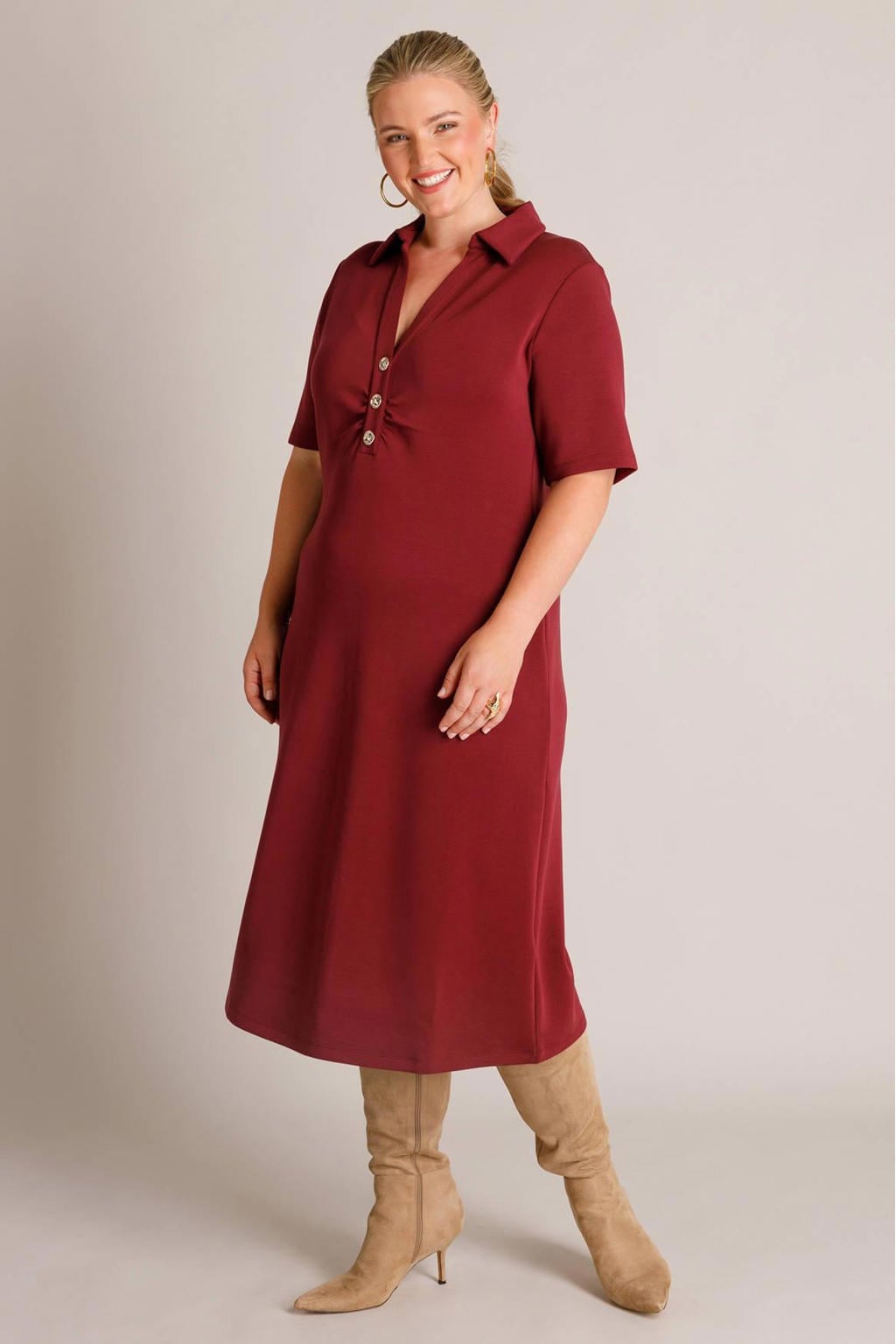 Yest Curve jurk met kraagje Plus Size - donkerrood