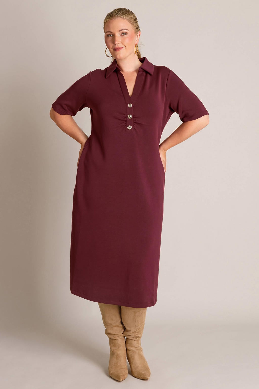 Yest Curve jurk met kraagje Plus Size - donkerrood
