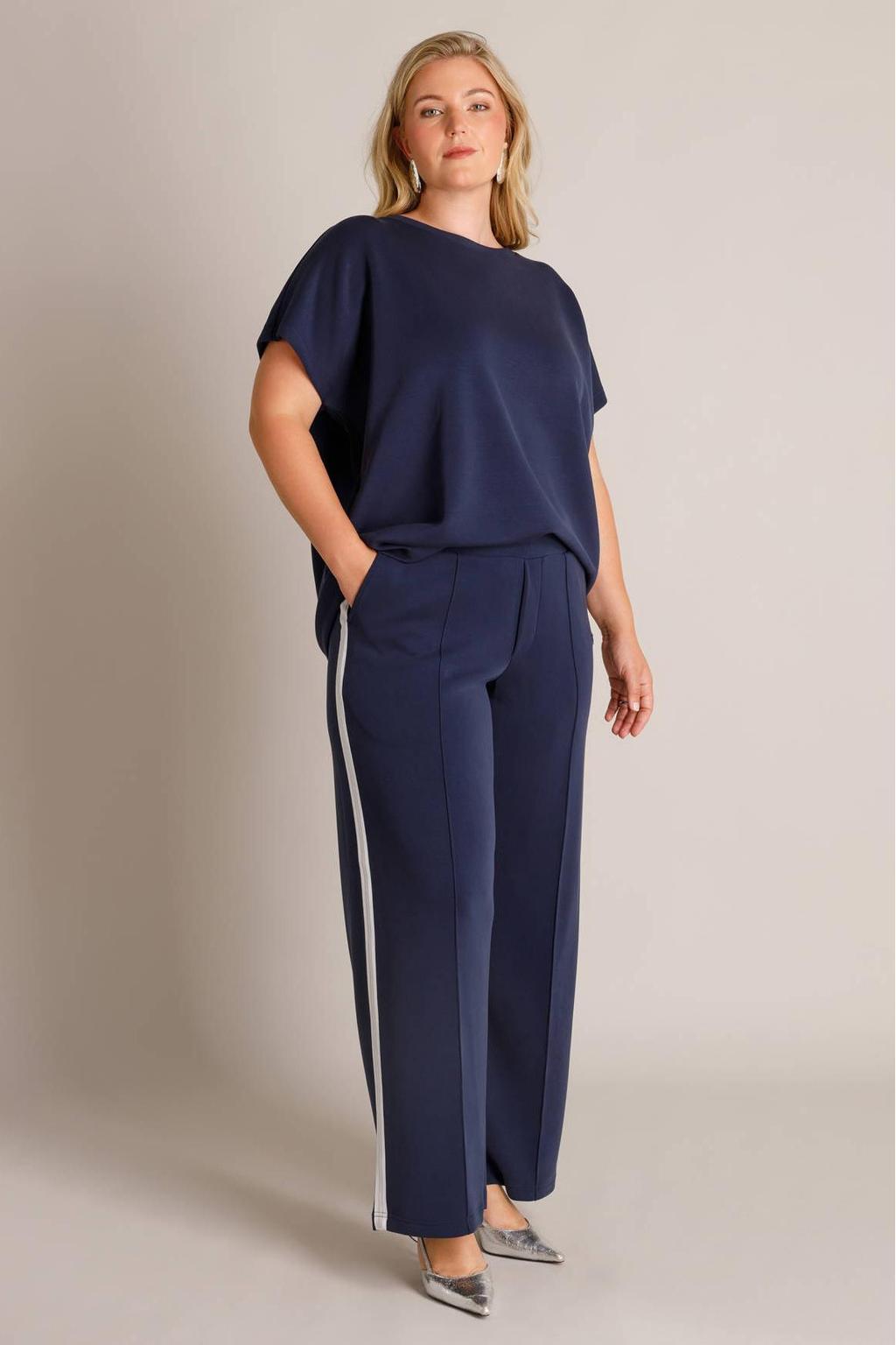 Donkerblauwe dames Yest Curve Sweat top Plus Size van modal met effen en korte mouwen